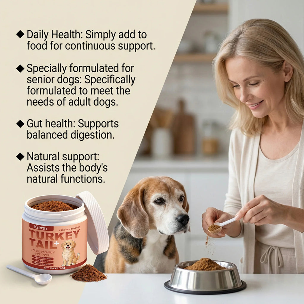 Woman adding powdered dog supplement to a bowl of food next to a beagle, featuring health benefits list.