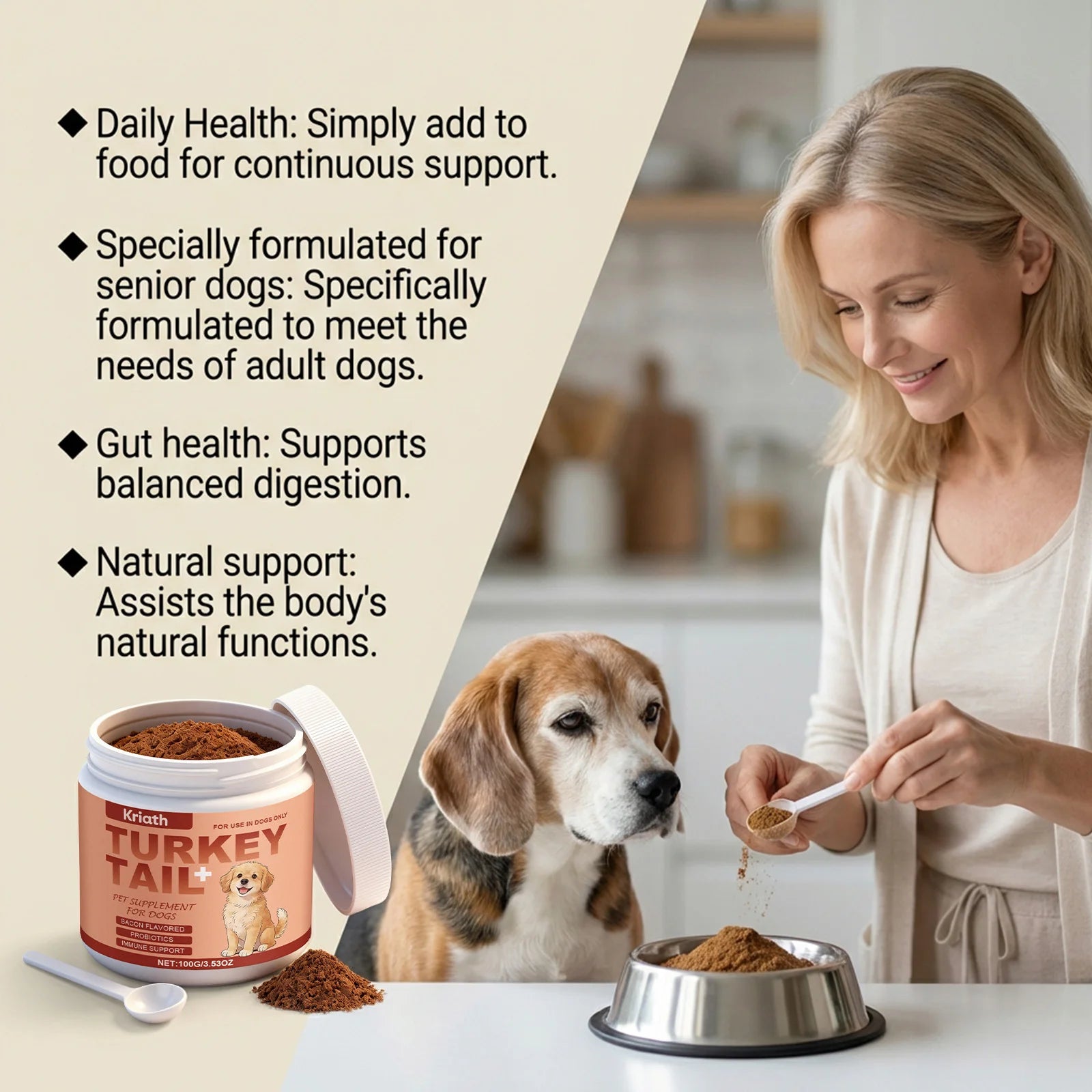 Woman adding powdered dog supplement to a bowl of food next to a beagle, featuring health benefits list.