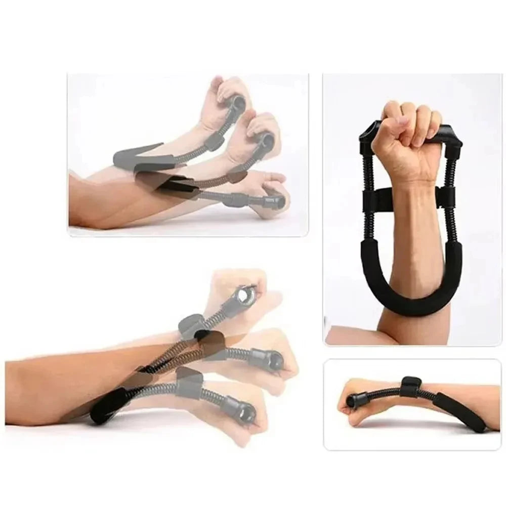Black adjustable wrist and forearm exercise trainer with foam-padded handle for strengthening and rehabilitation.