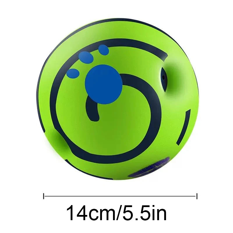 Bright green interactive dog toy ball with blue paw print patterns and circular cut-outs, measuring 14cm in diameter.