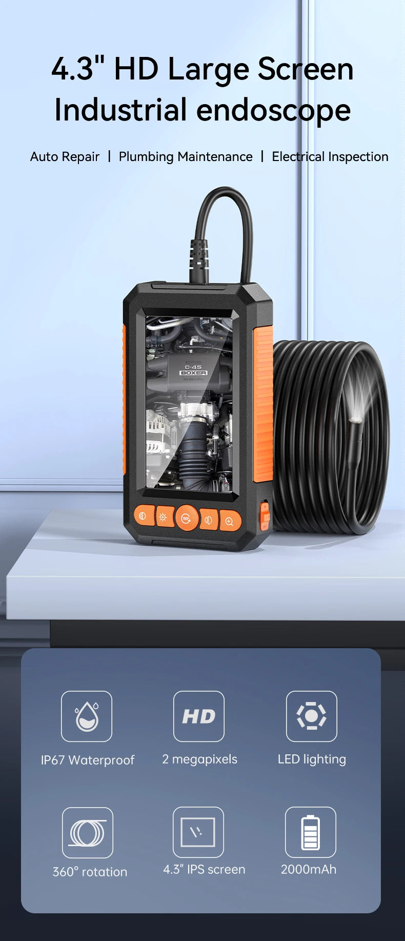 Black and orange 4.3" HD industrial inspection borescope with a coiled cable and waterproof dual-lens camera.