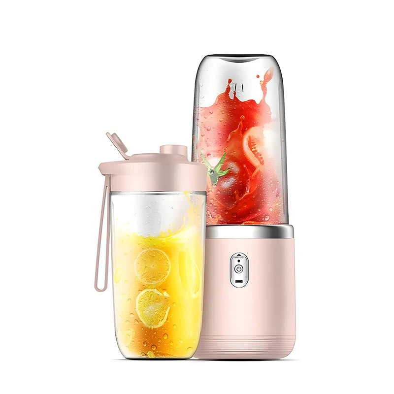 A portable, pale pink electric blender with a clear bottle containing blended tomato and lemon juice.
