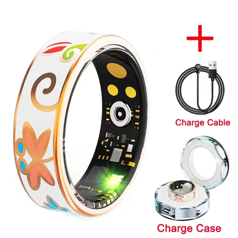 White smart fitness ring with colourful floral patterns, shown with a charging cable and a clear charging case.