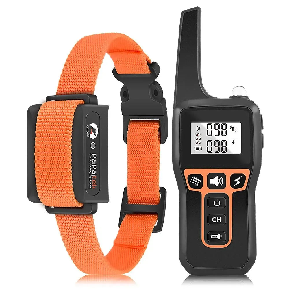 Bright orange dog training collar with a black remote control featuring an LCD screen and button controls.