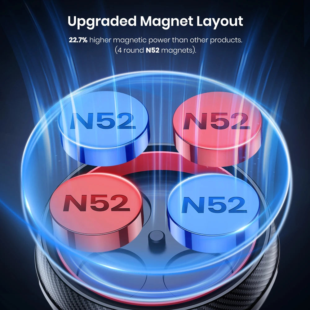 Four round red and blue N52 magnets arranged in a circle, emitting blue light rays on a dark background.