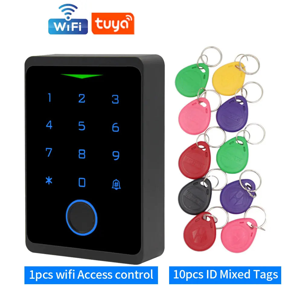 Black plastic Wi-Fi access control keypad with fingerprint scanner and 10 colorful RFID key fobs.