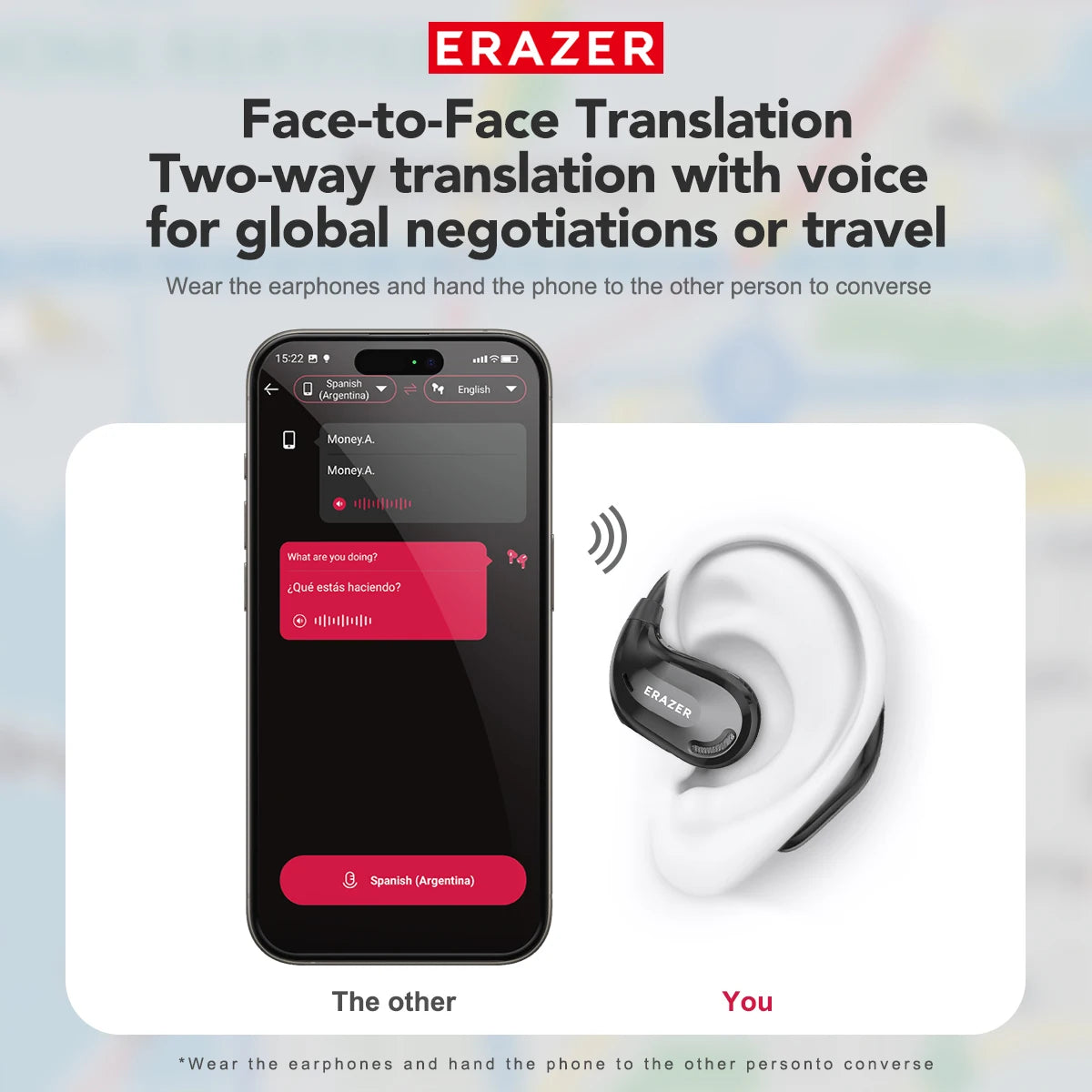 Black wireless earbud being worn, paired with a smartphone app for real-time, two-way voice translation.