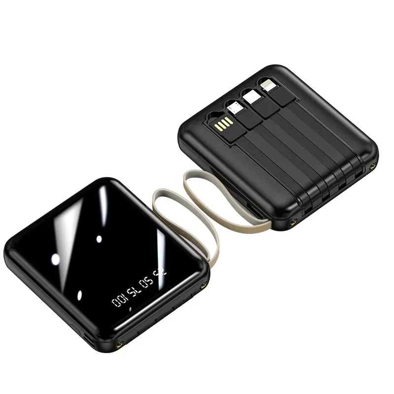 Black mini portable power bank with a digital display and integrated charging cables attached via a carry strap.