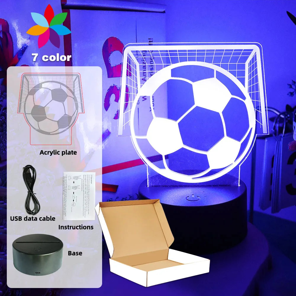 3D football goal LED night light with 7-color display, black base, USB cable, and gift box.