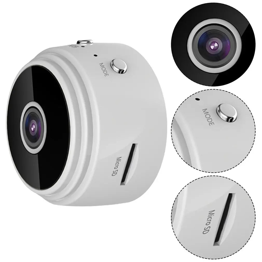 Small white plastic mini surveillance camera with a lens, a mode button, and a micro SD card slot.