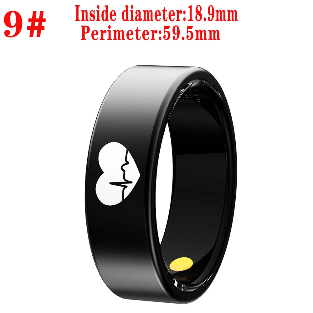 Sleek black intelligent health tracking smart ring featuring a white heart-shaped ECG pulse icon.