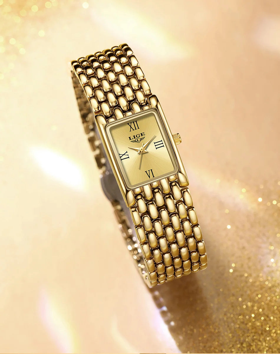 Elegant ladies' gold-tone square watch with a matching polished link bracelet and Roman numeral dial.