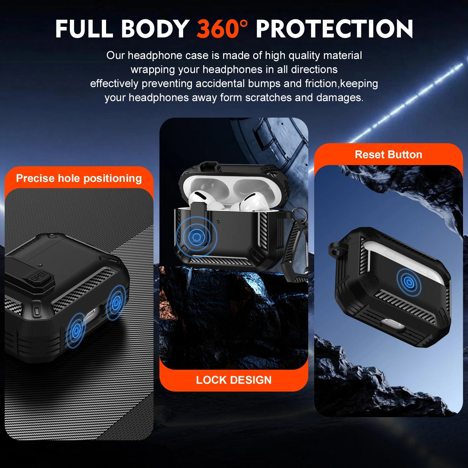 Rugged black protective case for AirPods Pro with locking clip and carbon fibre-style detailing.