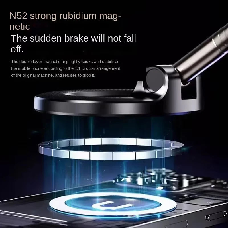 Black magnetic phone mount with a circular, metallic, double-ring design for secure, stable device attachment.