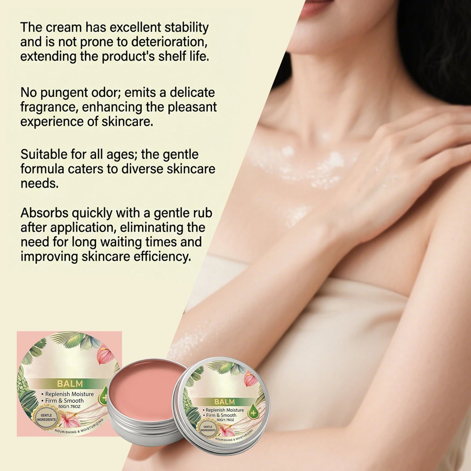 A small, round tin of pink moisturizing balm with a floral tropical label, shown next to a woman applying it.