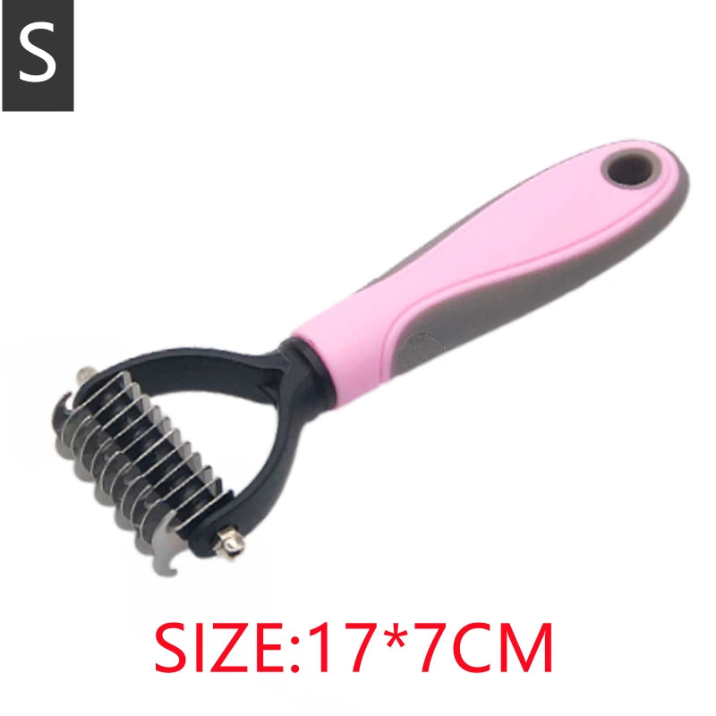 Small pet dematting rake with a pink and grey non-slip handle and sharp metal blades for grooming.