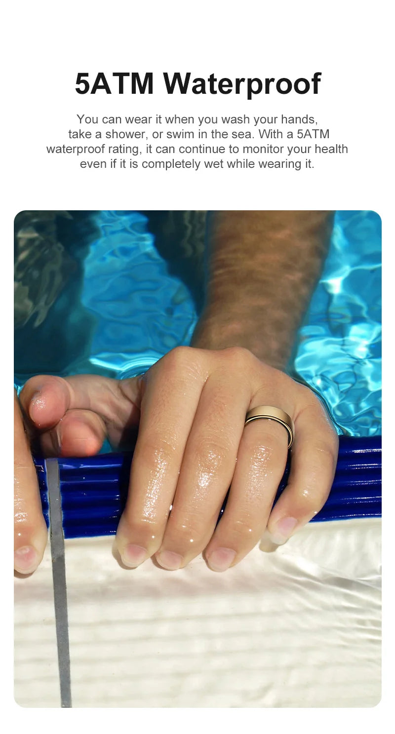 A sleek, gold-coloured smart health ring worn on a finger while swimming in a pool, demonstrating its waterproof design.