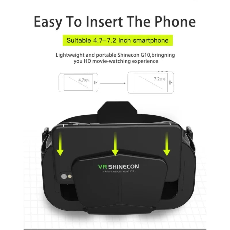 Black VR headset demonstrating how to easily insert a smartphone, compatible with 4.7 to 7.2-inch devices.