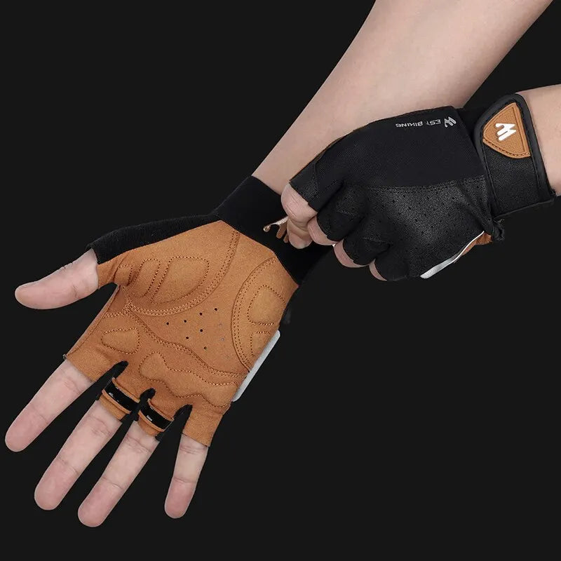 Black and tan fingerless cycling gloves with padded, breathable palms and secure wrist straps.