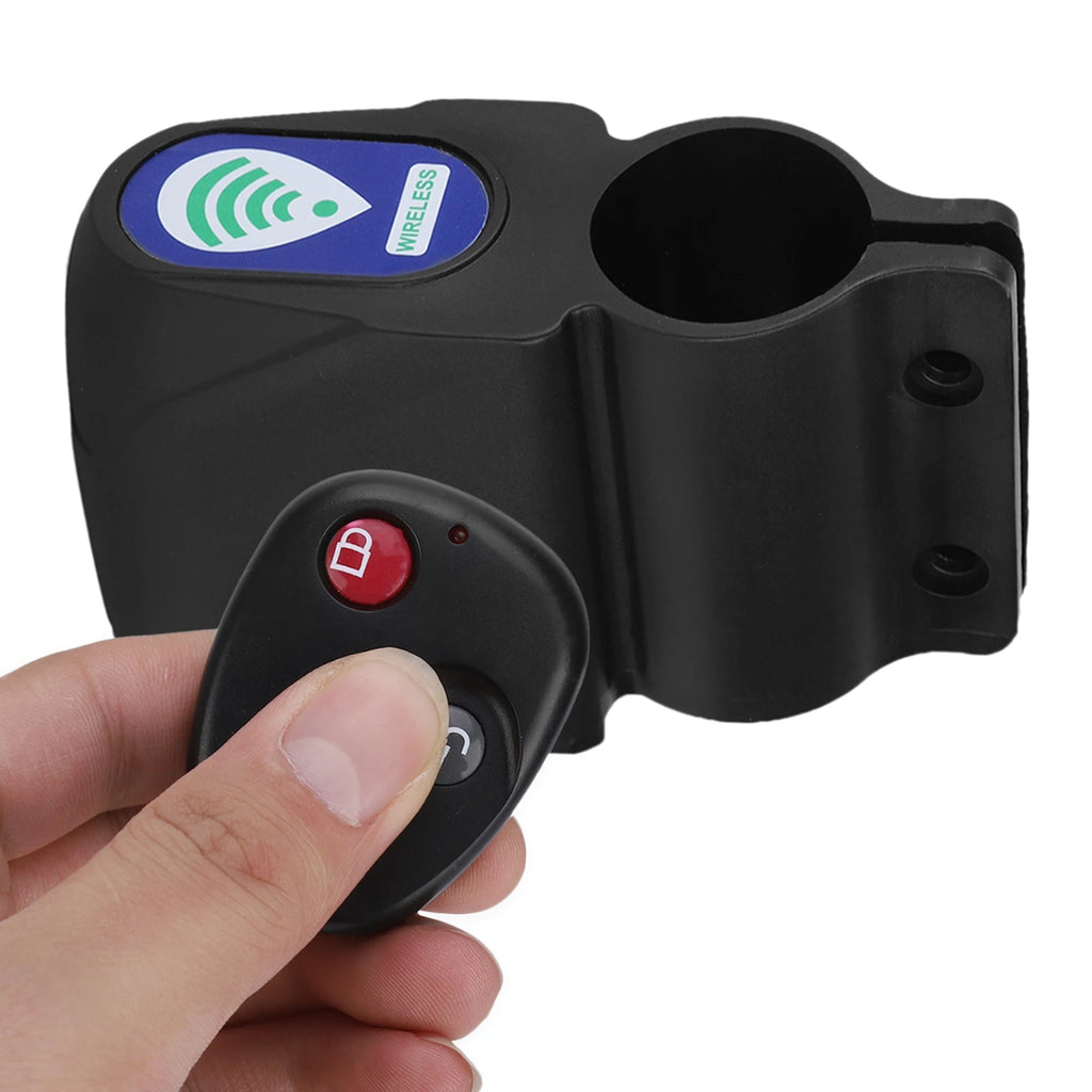 Black plastic wireless anti-theft bike lock with a hand-held remote control featuring a red locking button.