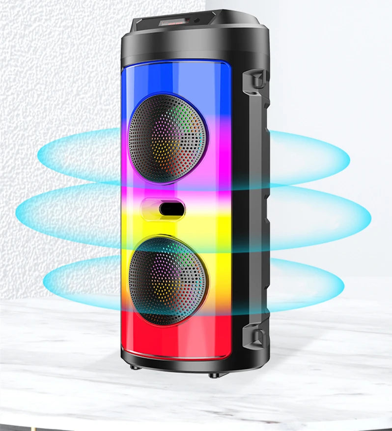 Portable 30W wireless speaker with a black frame and vibrant, rainbow-coloured LED front panel with stereo bass.