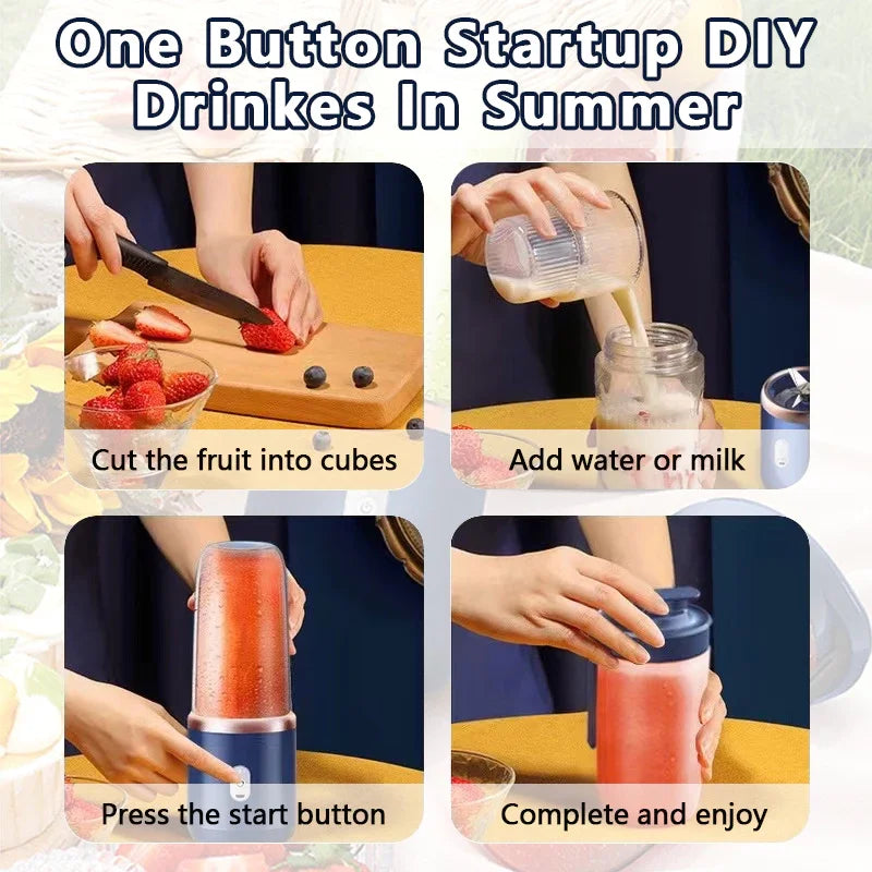 Portable electric blender in blue, featuring a one-button operation for making smoothies from fresh fruit and milk.