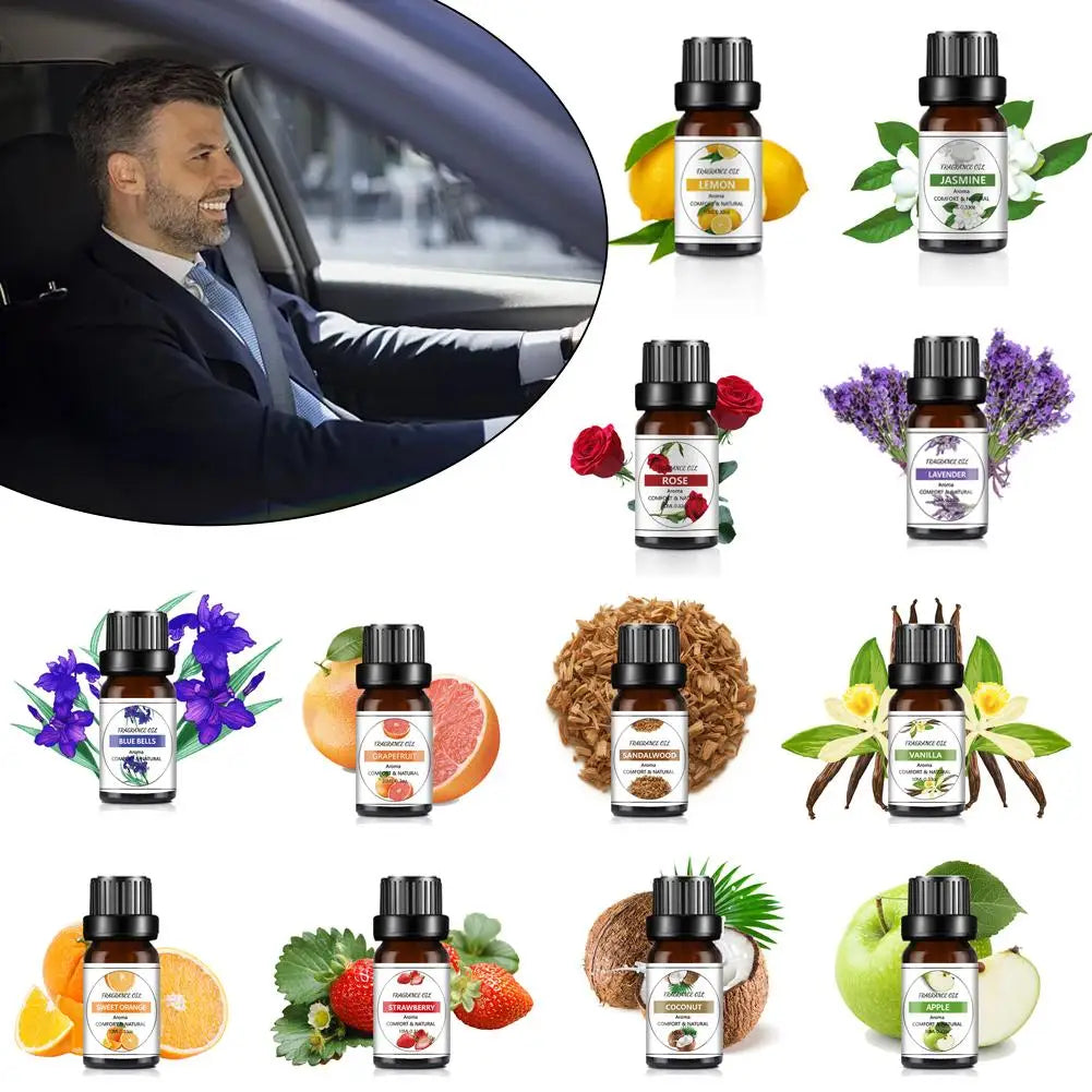 Set of 12 amber glass fragrance oil bottles with black caps, each displayed with its corresponding botanical scent.