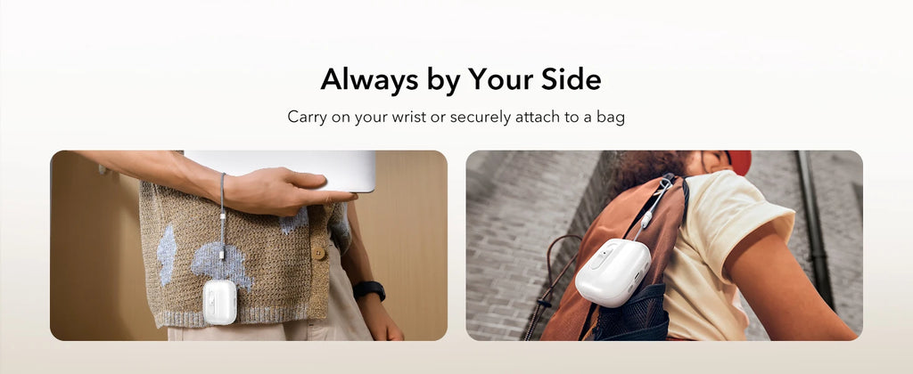 White protective AirPods Pro case with a grey integrated wrist strap, shown worn on a wrist and attached to a bag.