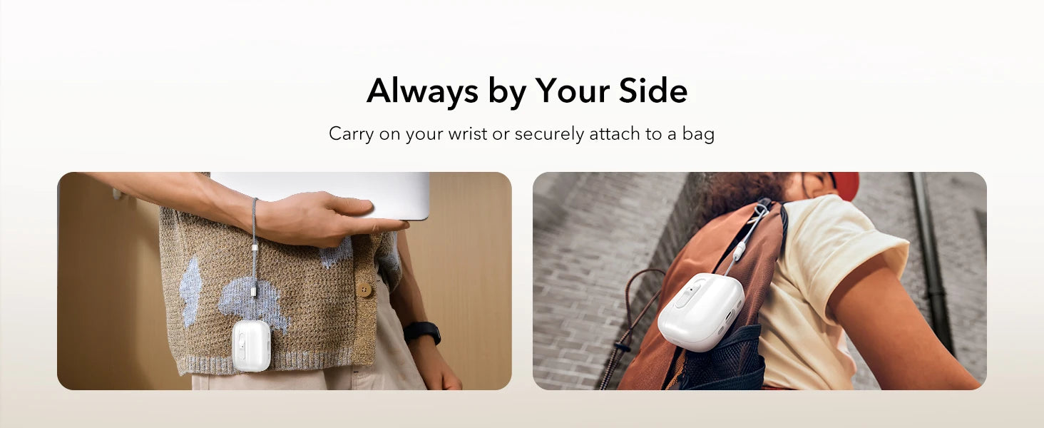 White protective AirPods Pro case with a grey integrated wrist strap, shown worn on a wrist and attached to a bag.