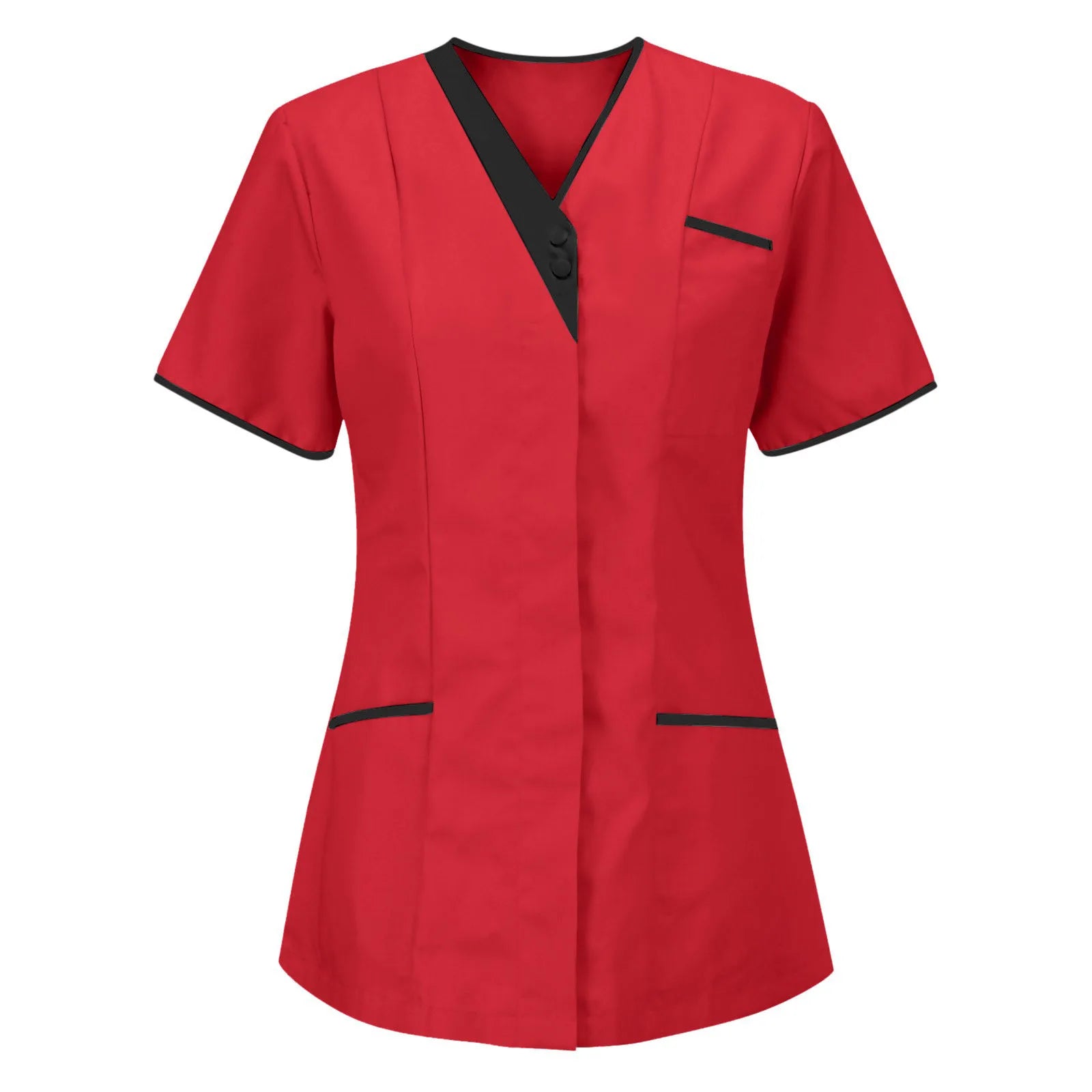 Red short-sleeved work tunic with V-neck, black trim detail, button fastening, and front pockets.