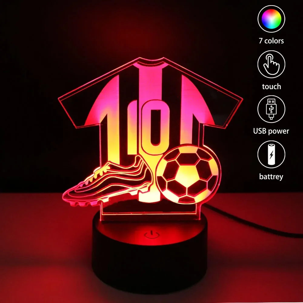 LED 3D football night light featuring a shirt with number 10, boot, and ball. 7-colour glow, touch control, USB powered.