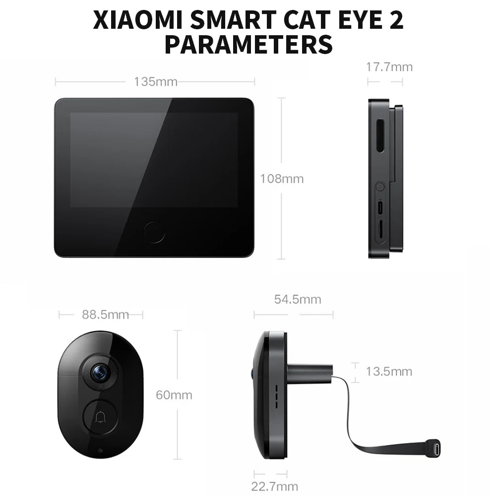 Black smart video doorbell featuring a 5-inch HD indoor monitor and an oval outdoor camera with night vision.