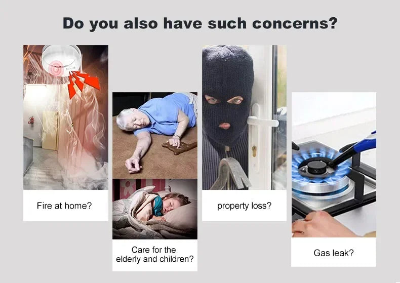 Collage showing concerns: fire, elderly/child safety, intruder, and gas leak to promote 4G WiFi home alarm systems.