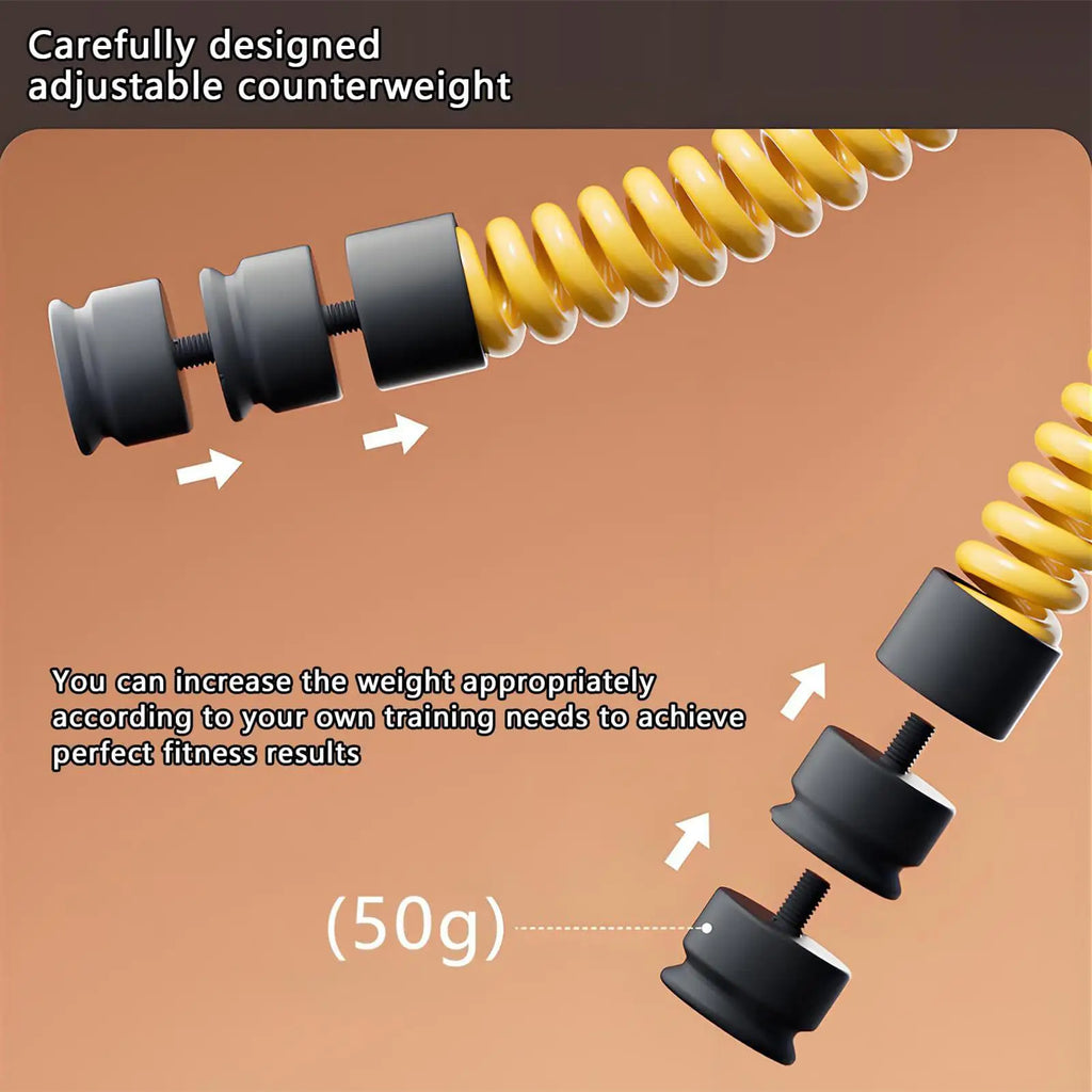 Two yellow coiled fitness ropes with detachable 50g black weighted ends for customisable resistance training.