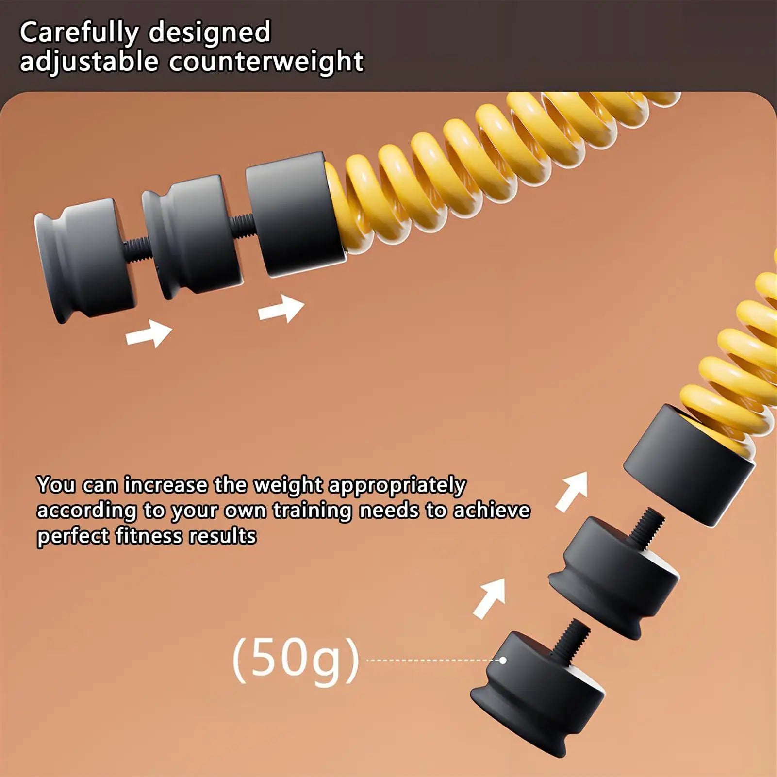 Two yellow coiled fitness ropes with detachable 50g black weighted ends for customisable resistance training.