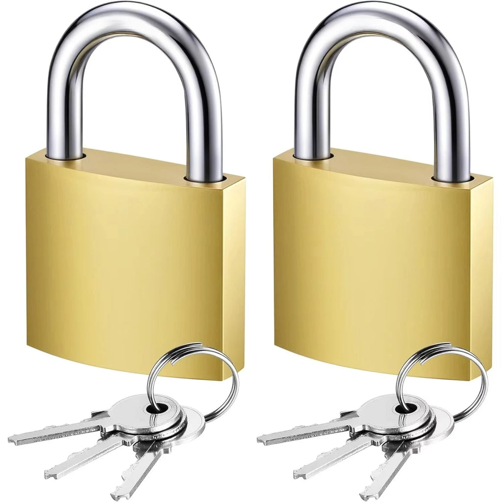 Two brass padlocks with silver steel shackles and sets of keys attached to ring loops on a white background.