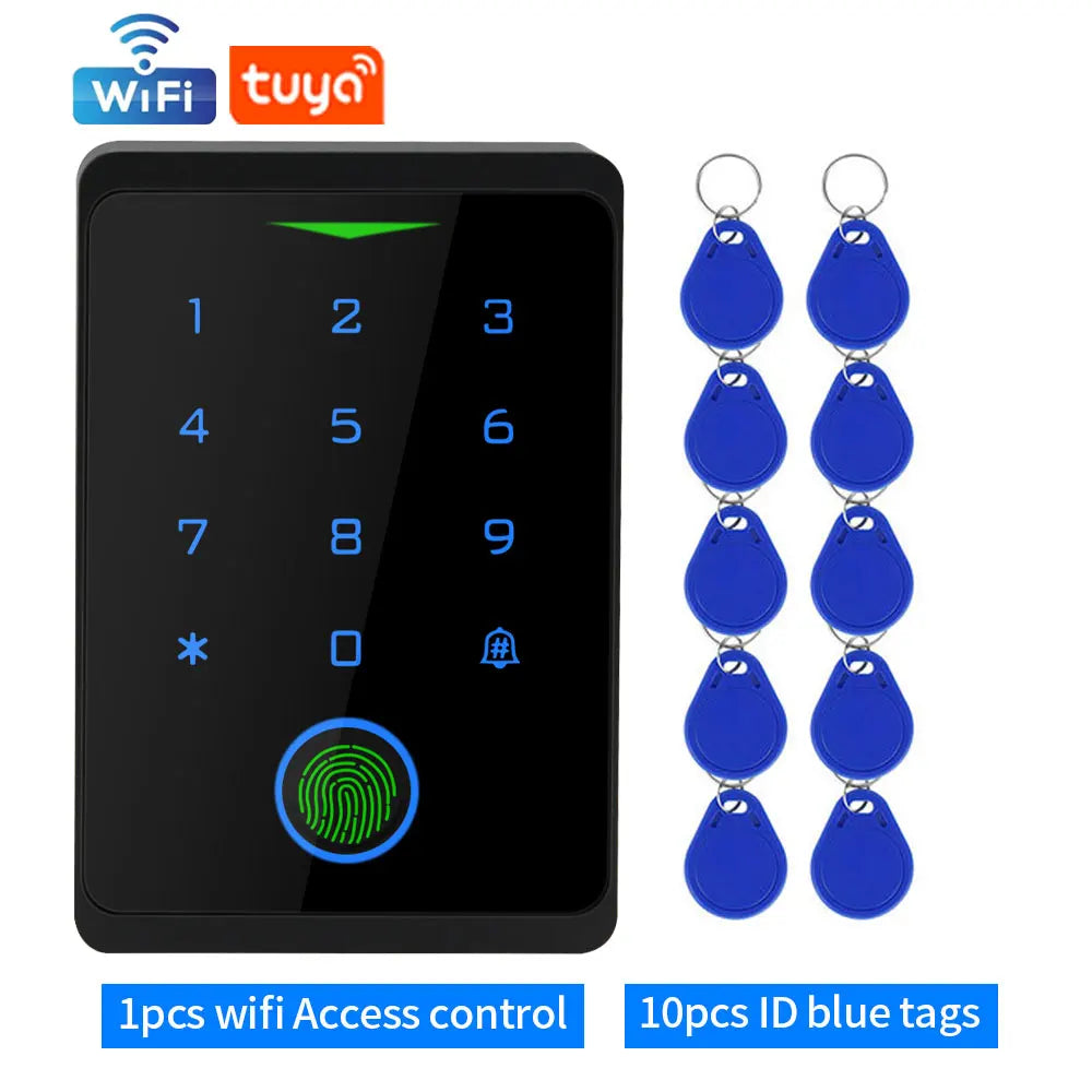 Black plastic WiFi access control keypad with fingerprint scanner and 10 blue RFID key tags.