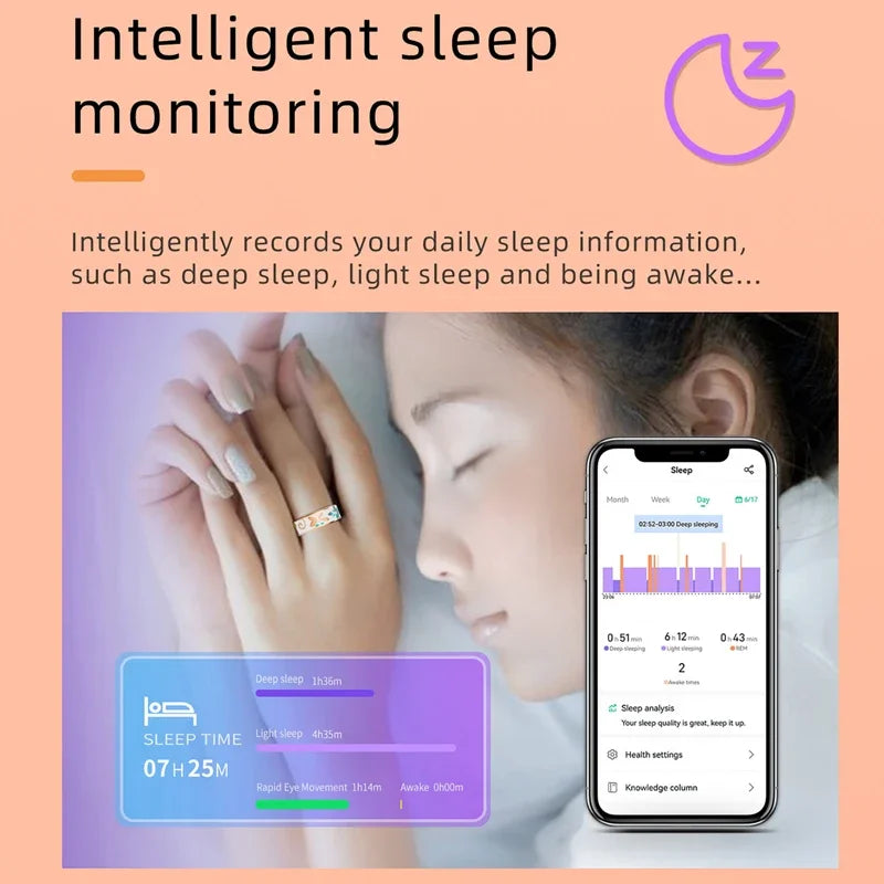 A person sleeping while wearing a slim, silver smart fitness ring, with a phone showing detailed sleep analysis data.