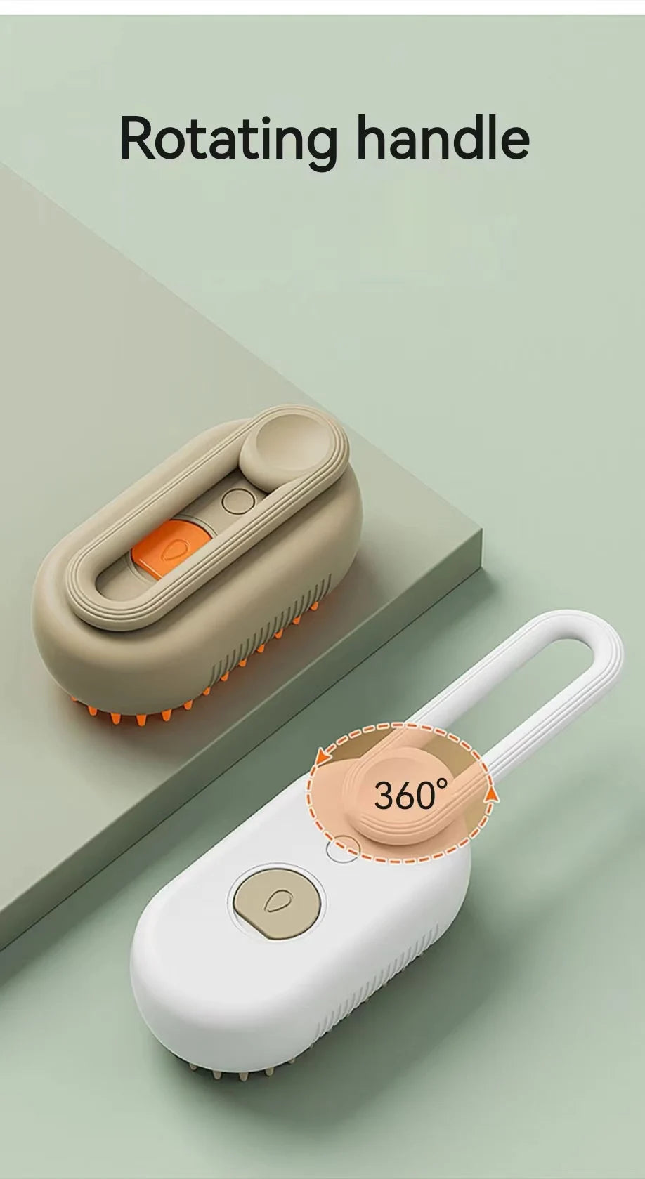 Two pet grooming brushes, one beige and one white, featuring 360-degree rotating handles and soft silicone bristles.