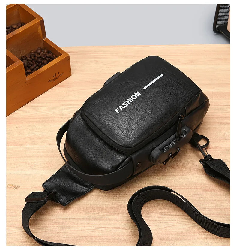 Black leather-look anti-theft sling bag with a secure combination lock, adjustable strap and modern design.
