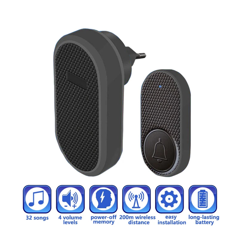 Modern black wireless doorbell with plug-in receiver and button, featuring 32 chime tones and easy installation.