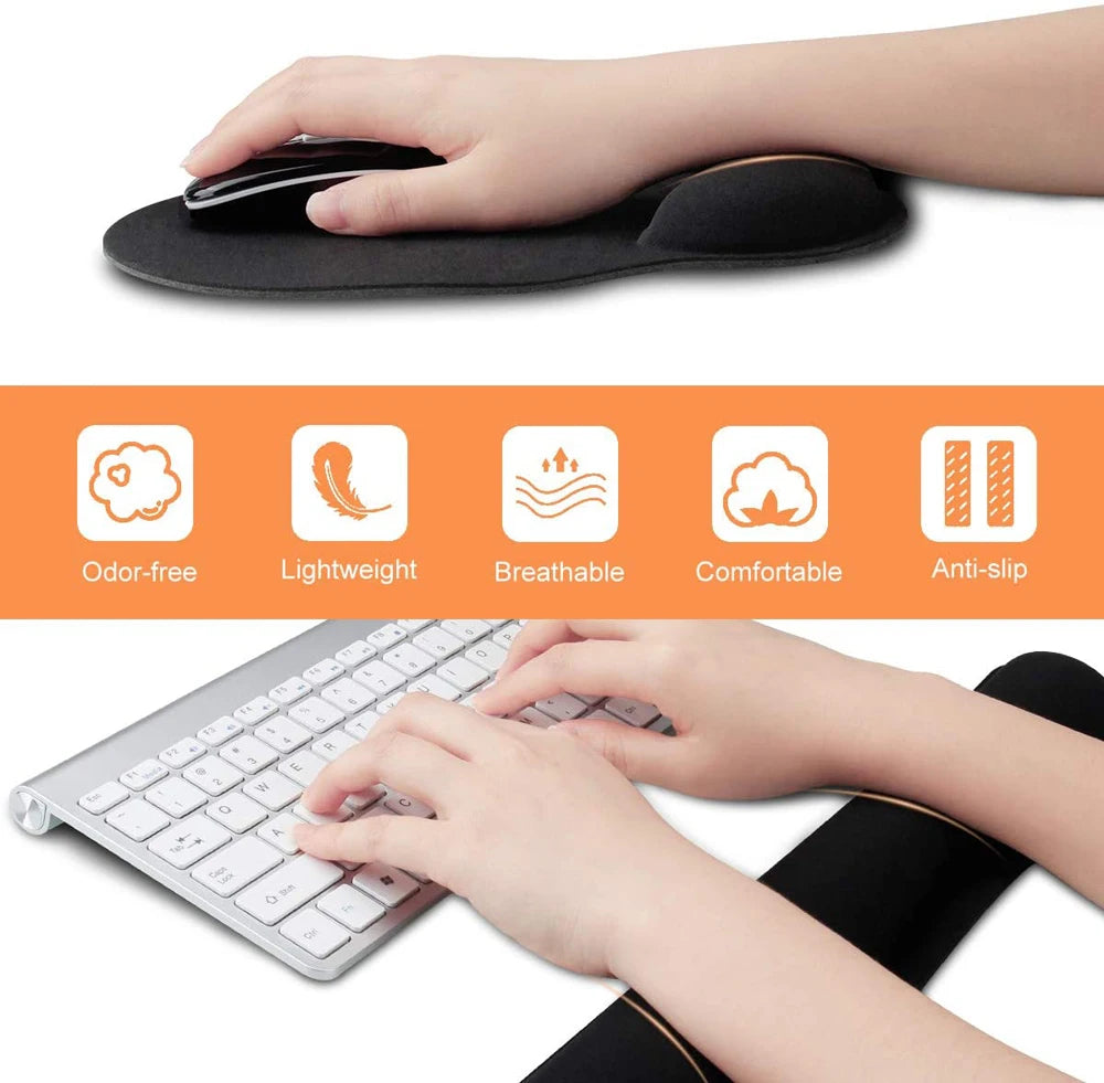Black fabric mouse pad and keyboard wrist rest set with memory foam support and anti-slip base.