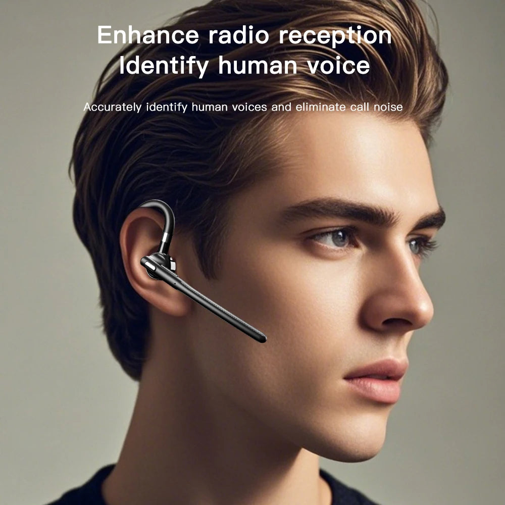 A man wearing a sleek, black wireless Bluetooth ear hook headset with an extended microphone boom.