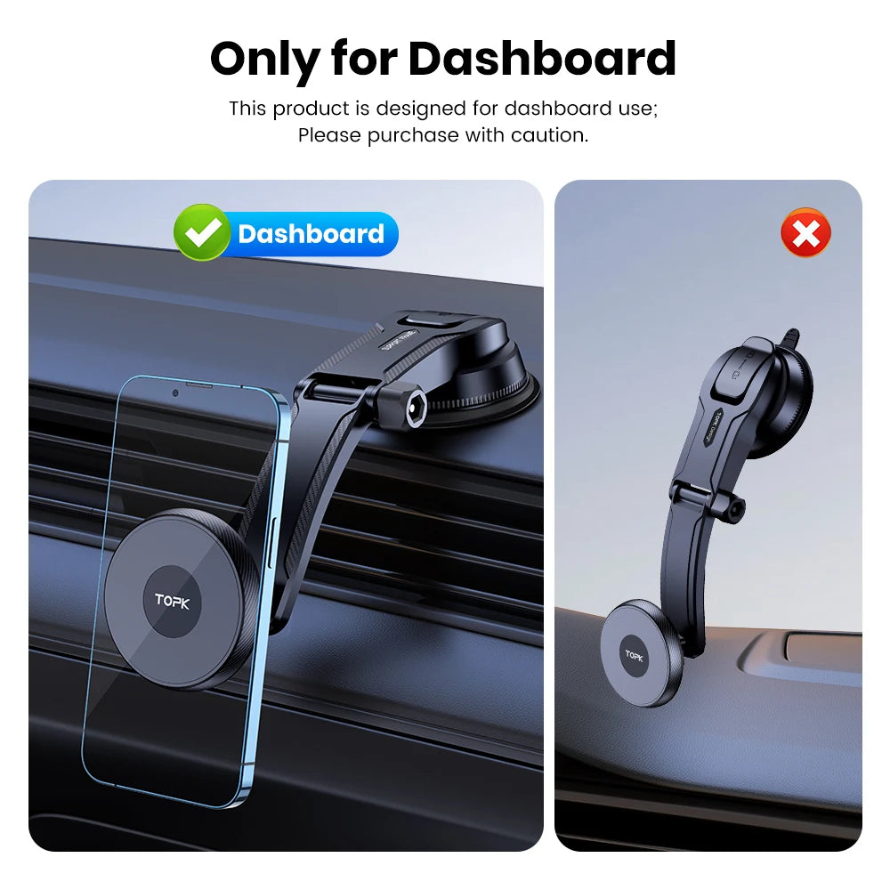 Black magnetic car dashboard phone mount with adjustable arm, shown holding a smartphone in a vehicle.
