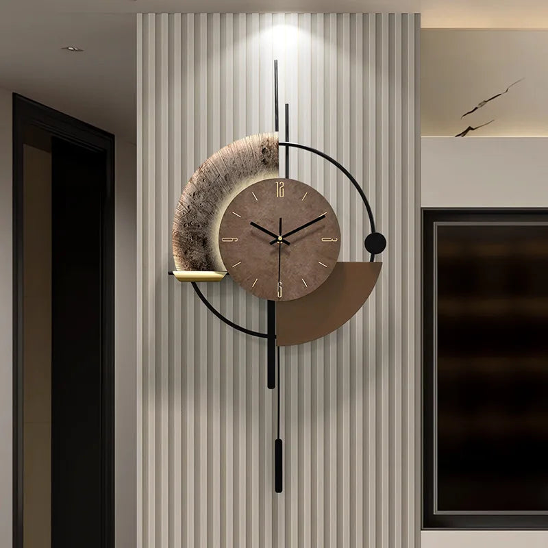 Modern minimalist wall clock featuring geometric brown and textured moon-like shapes with black metal accents.
