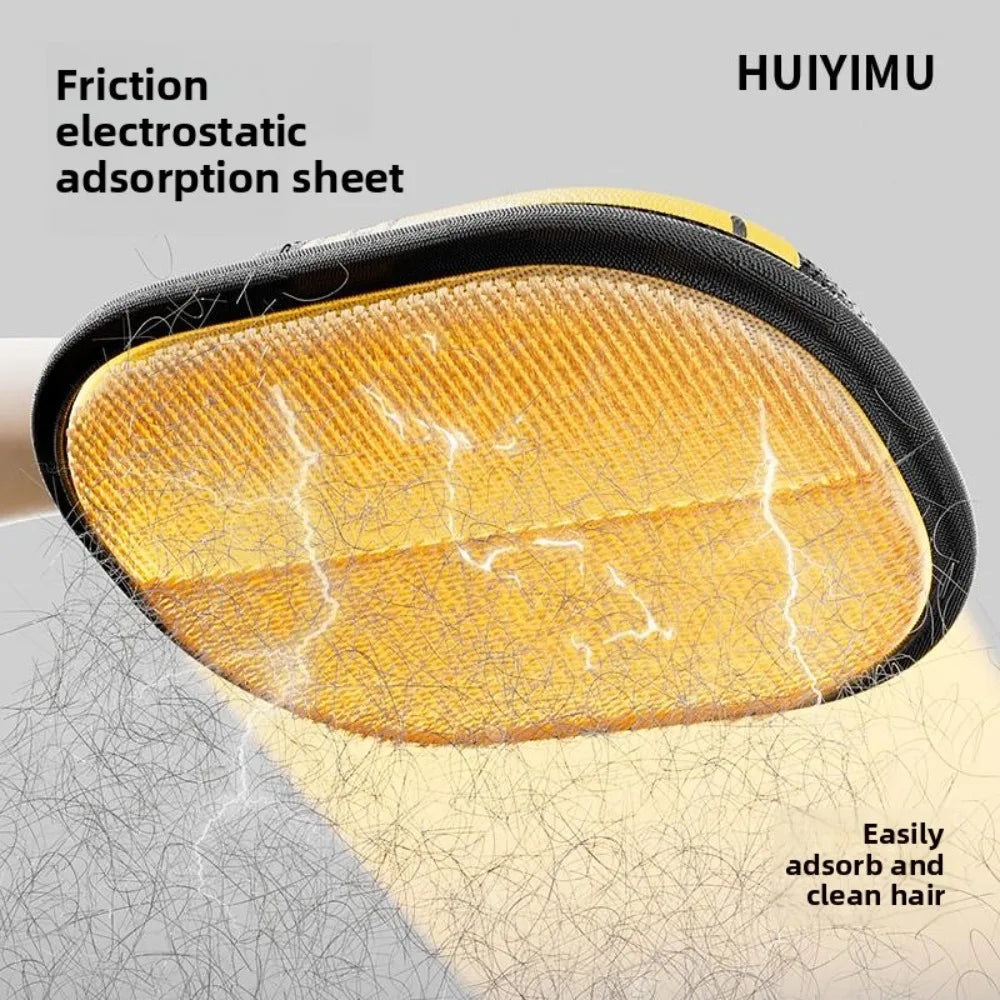 Yellow electrostatic hair-removing pad with a black rim, shown attracting loose hair from a fabric surface.