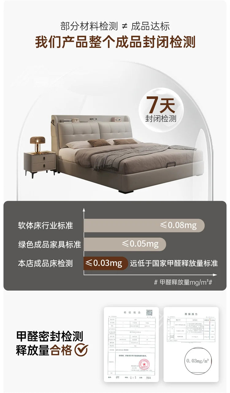 Modern cream upholstered storage bed with a tufted headboard, bedside table and integrated storage compartment.