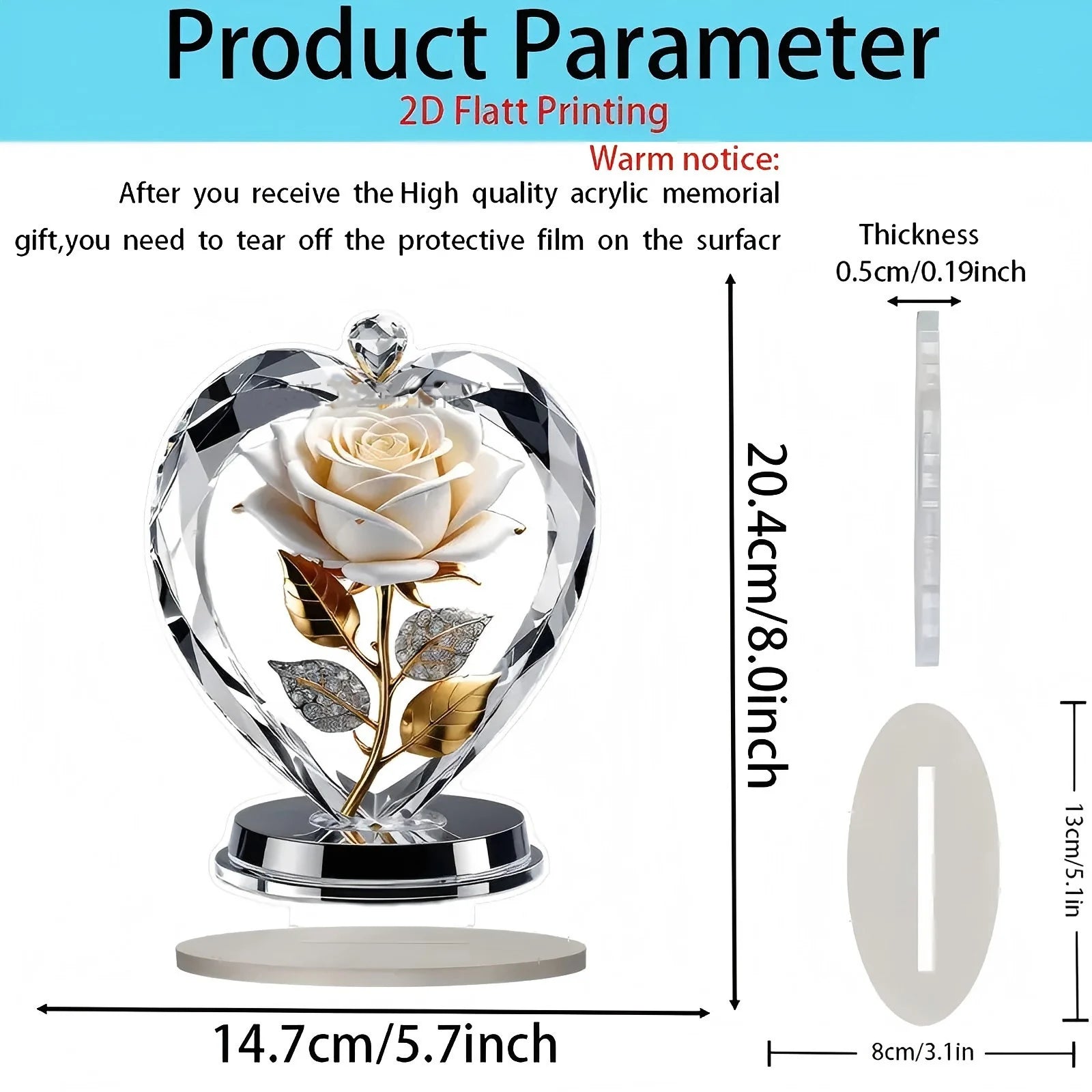 Decorative acrylic heart-shaped ornament featuring a cream rose, gold and sparkly leaves on a silver base.