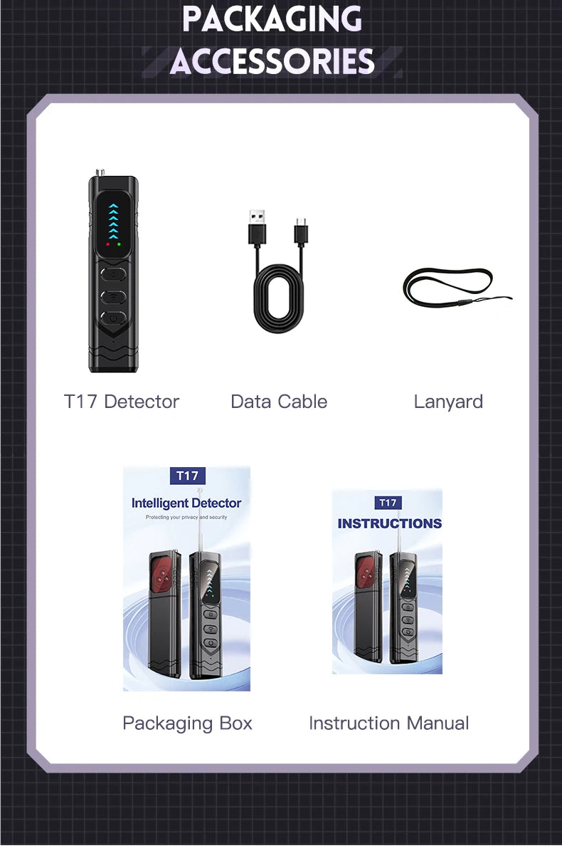 Black T17 detector, USB charging cable, lanyard, packaging box, and manual shown as included accessories.