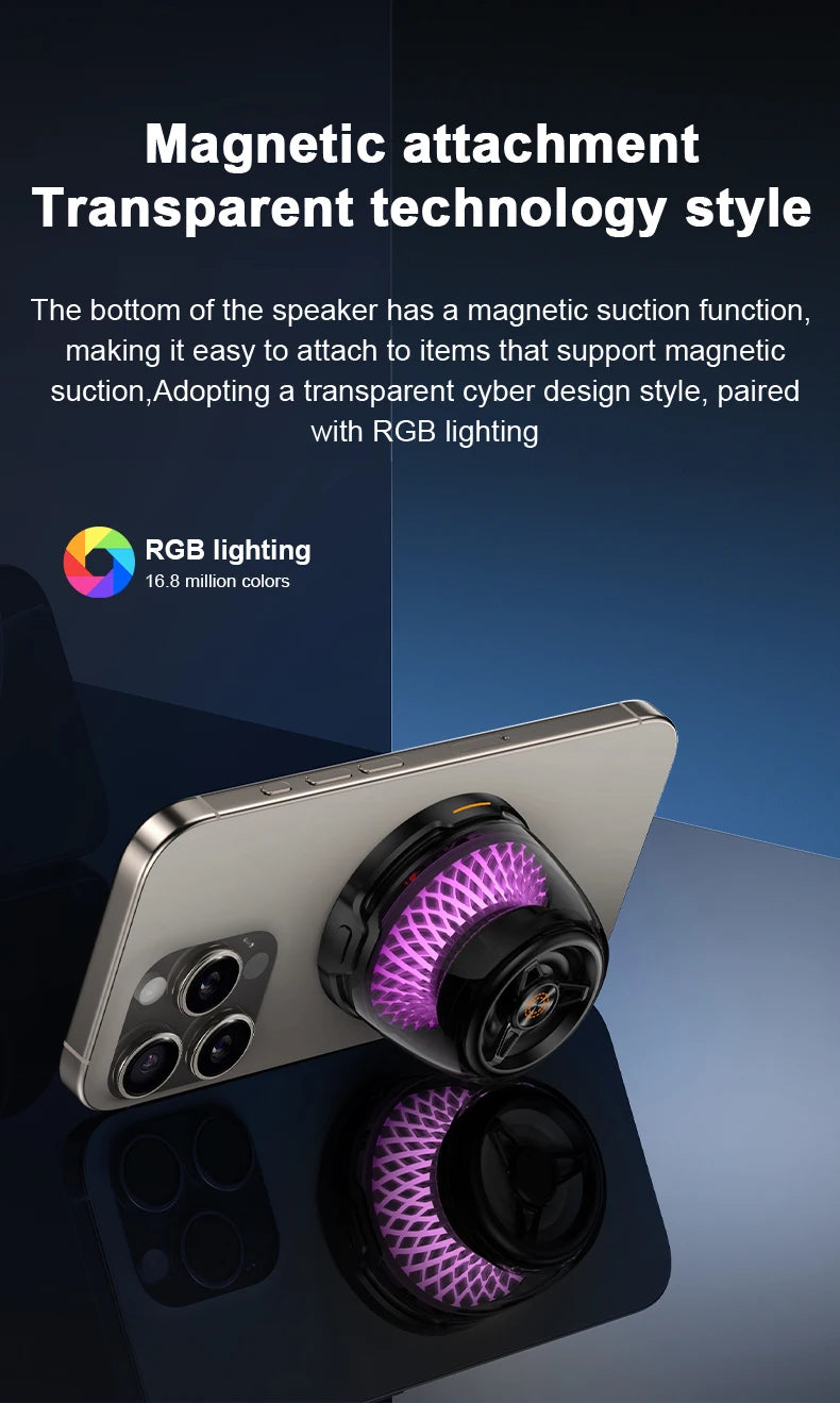 Portable magnetic Bluetooth speaker with a transparent cyber design and purple RGB lighting attached to a smartphone.